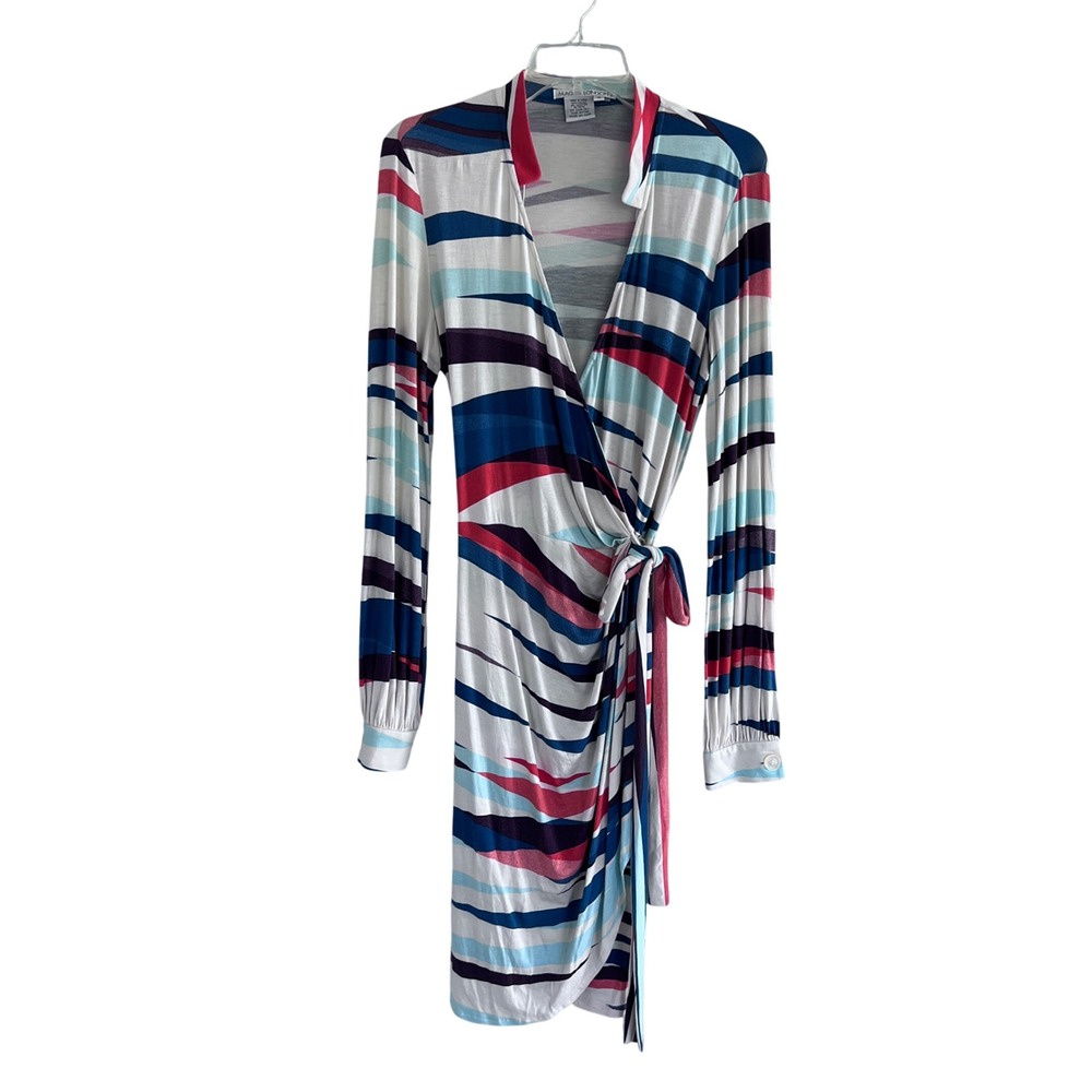 Maggy London Women Blue Pink Abstract Stripe Long Sleeve Wrap Dress Size 12 READ